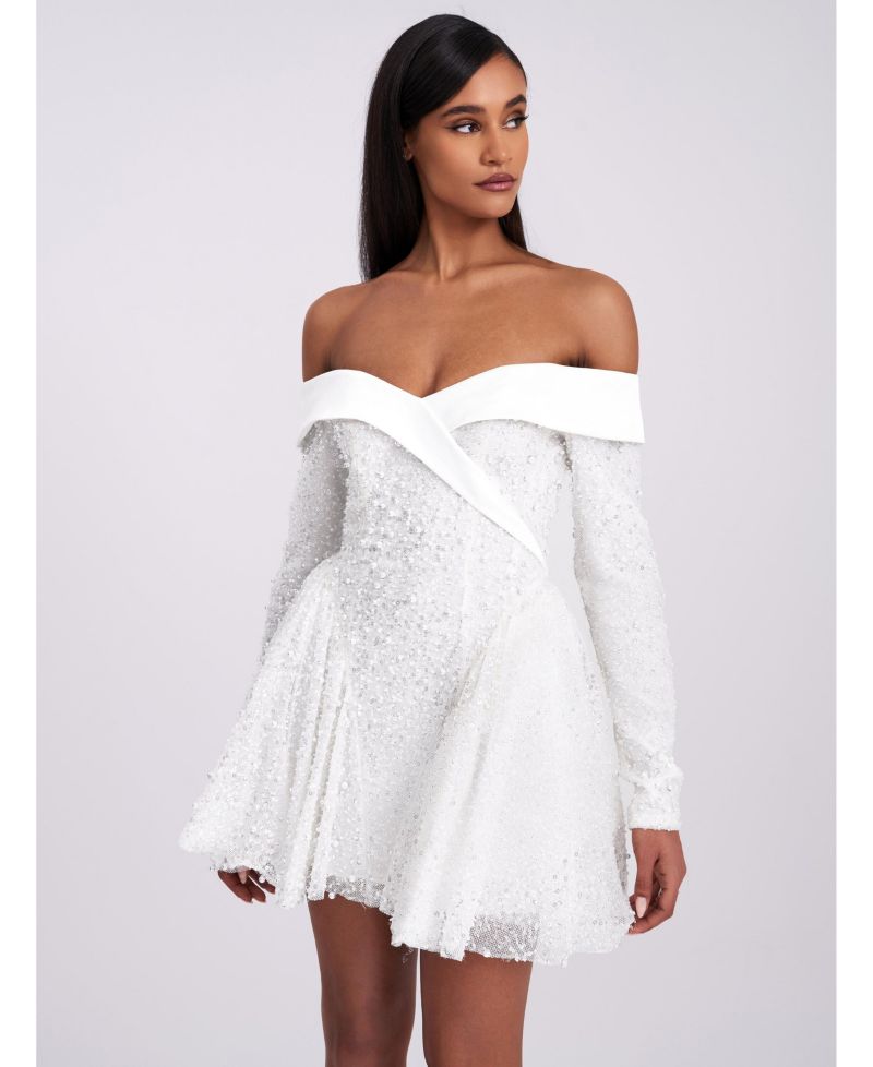 Women's Kira Bead Embroidered Mesh Off Shoulder Long Sleeve Mini Dress