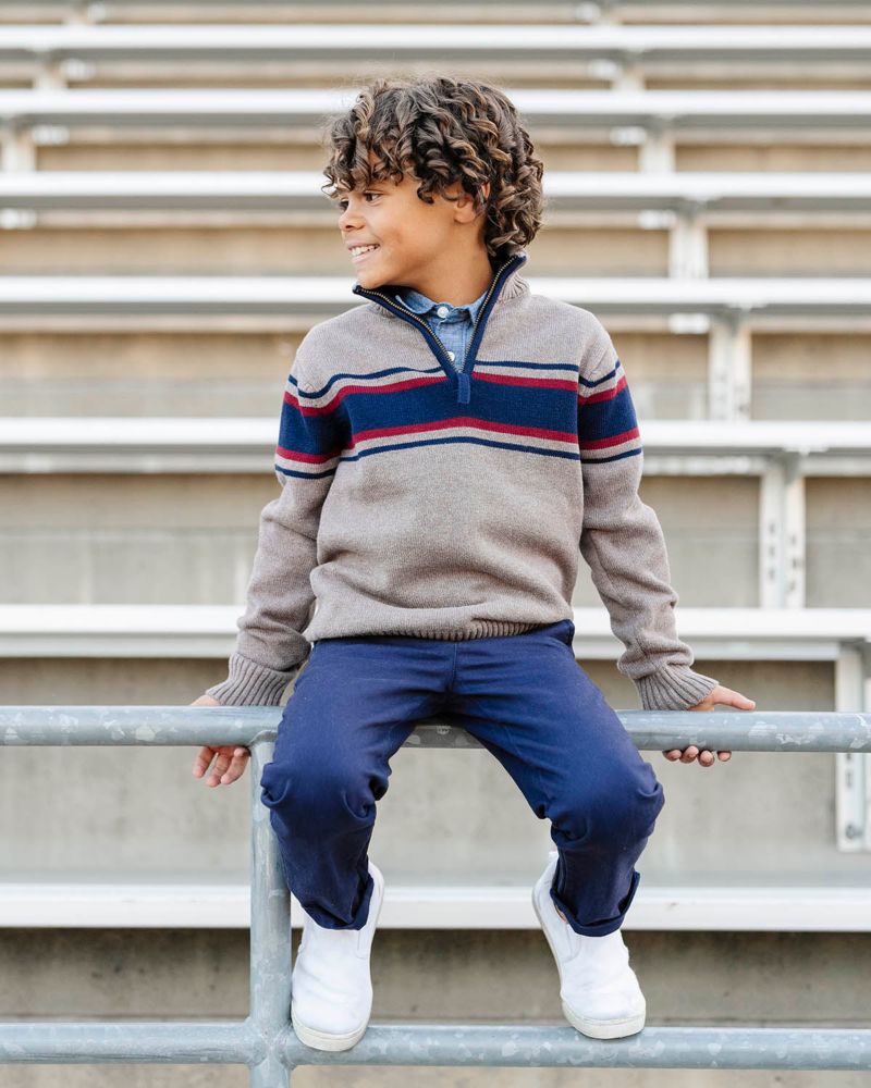 Hope and Henry Little and Big Boys' Organic Long Sleeve Half Zip Sweater with Engineered Stripe