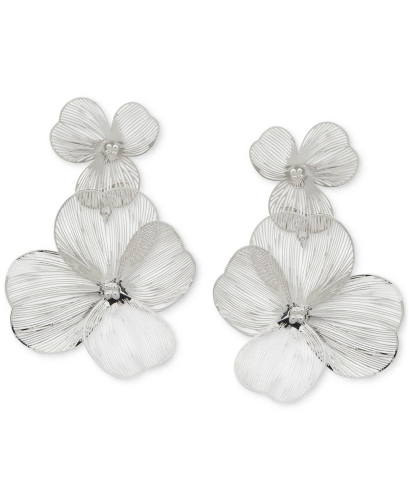 Silver-Tone Openwork Flower Double Drop Earrings