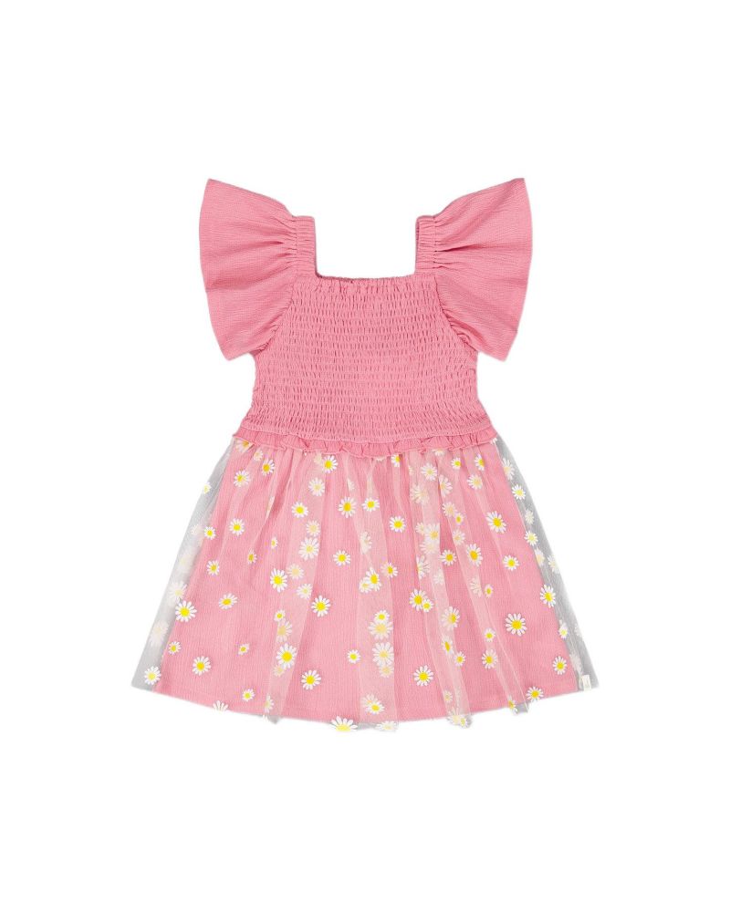 Girl Mesh and Crinkle Jersey Dress with Smocking Pink - Child