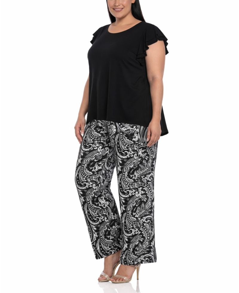 Plus Size Ruffle-Sleeve Top Printed Pant Set