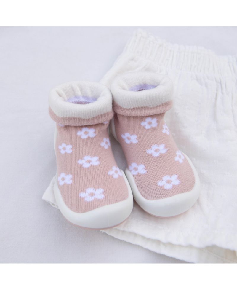 Baby Girls First Walk Sock Shoes Daisies - Mauve