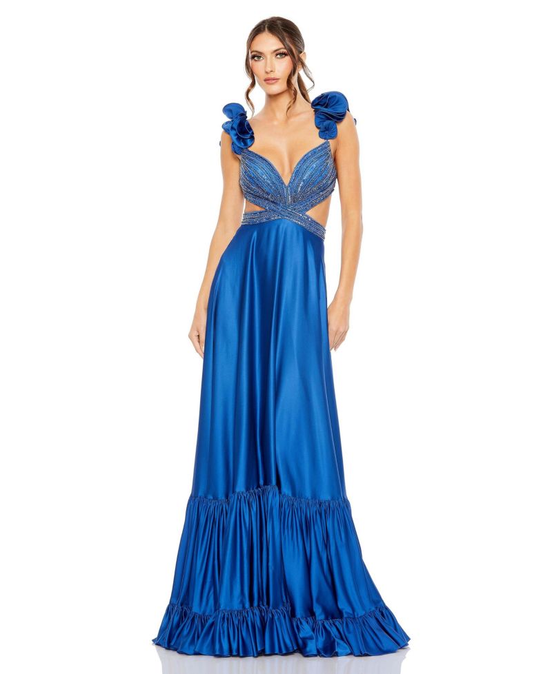 Women's Beaded Cross Cut Out Ruffled Strap A Line Gown