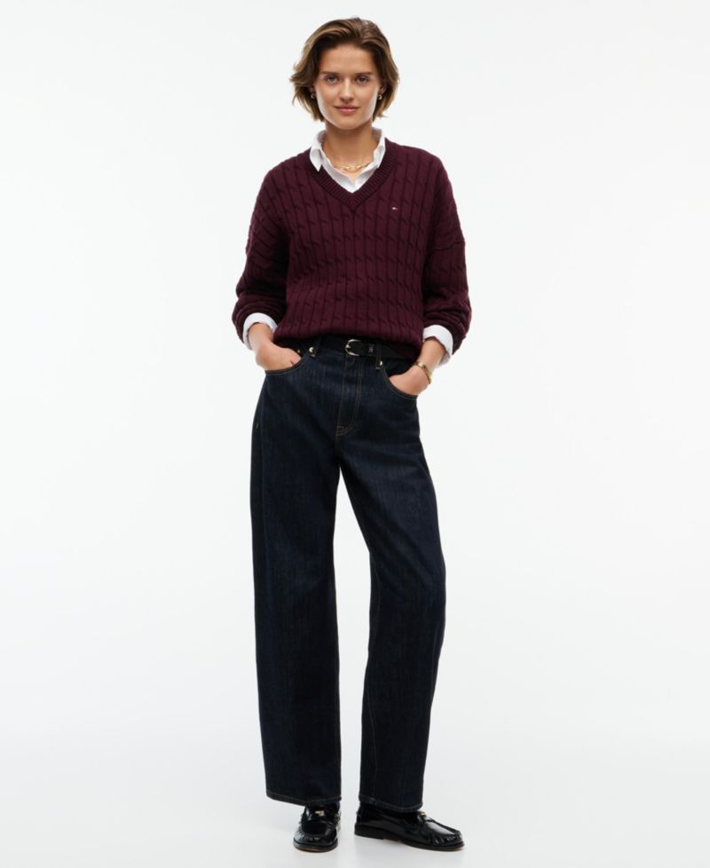 Women's Cable-Knit V-Neck Long-Sleeve Sweater
