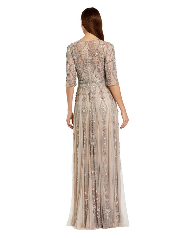 Women's Beige 3/4 Sleeve Embellished A-line Gown