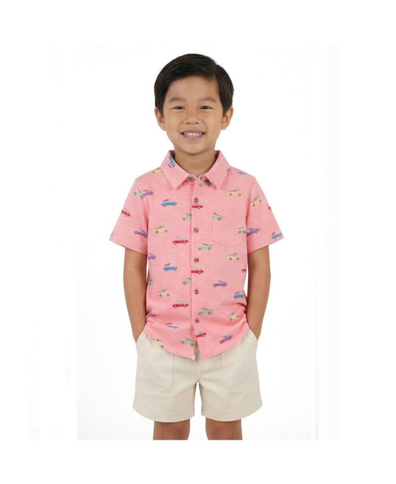 Little Boys Car Print Buttondown and Linen Short Set