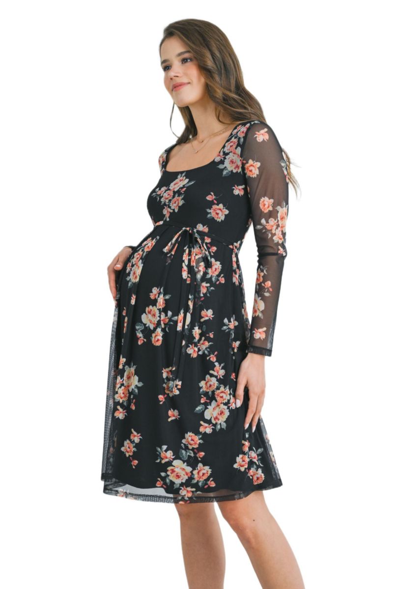 Maternity Floral Square Neck Long Sleeve Dress