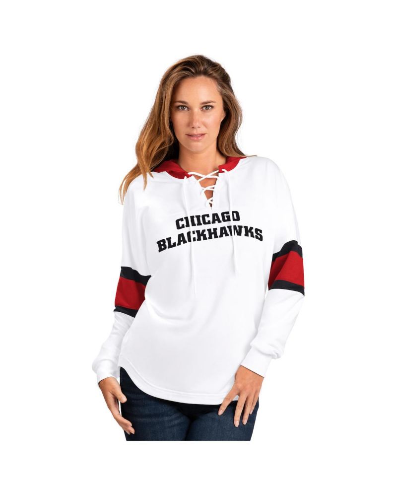 Women's White Chicago Blackhawks Goal Zone Long Sleeve Lace-Up Hooded T-Shirt