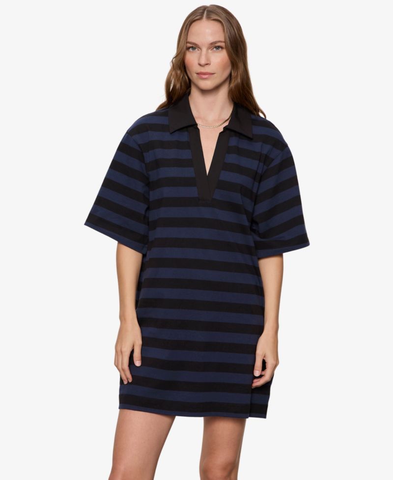 Women's Striped Oversized Spread Collar T-Shirt-Dress