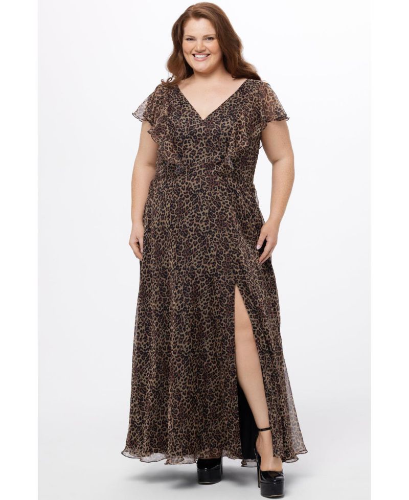 Women's Short Sleeve V-Neck Animal Print Dress with Slit