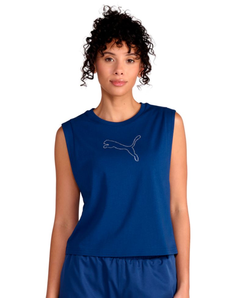 Women's Rhinestone Cat Logo Relaxed Crewneck Tank Top