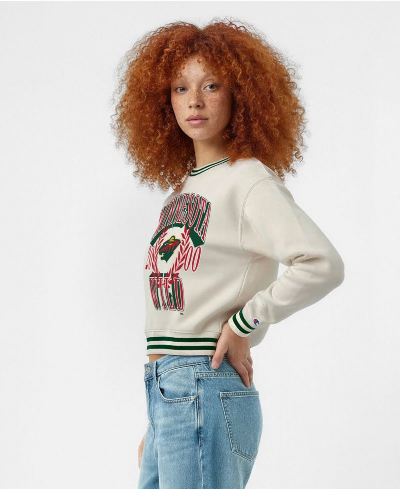 Women's Cream Minnesota Wild Bold Laurels Reverse Weave Yarn Crewneck Sweatshirt