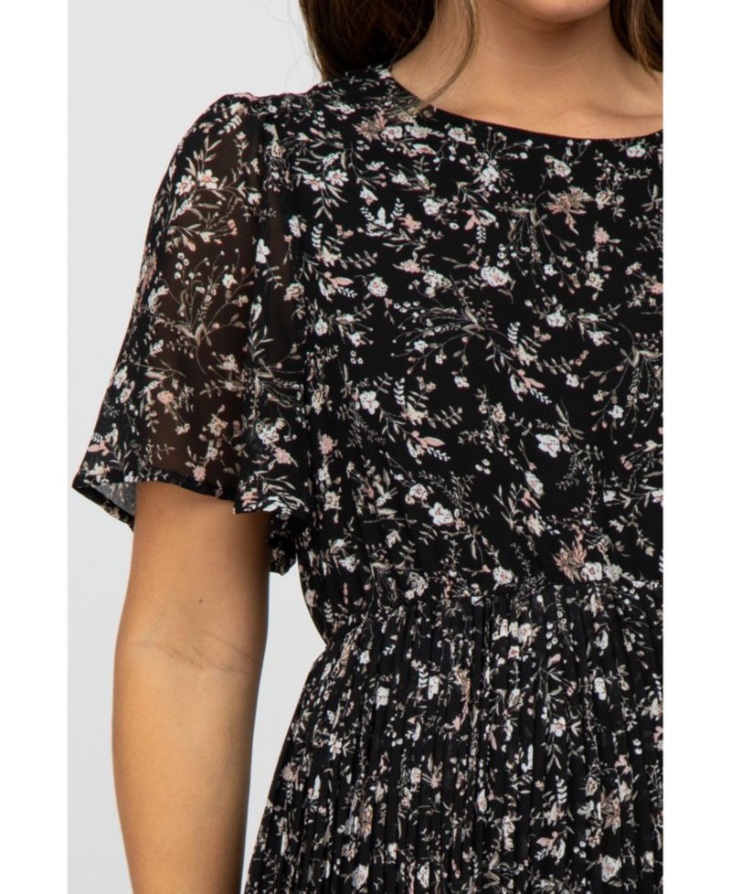 Women's Black Floral Pleated Short Sleeve Chiffon Midi Dress