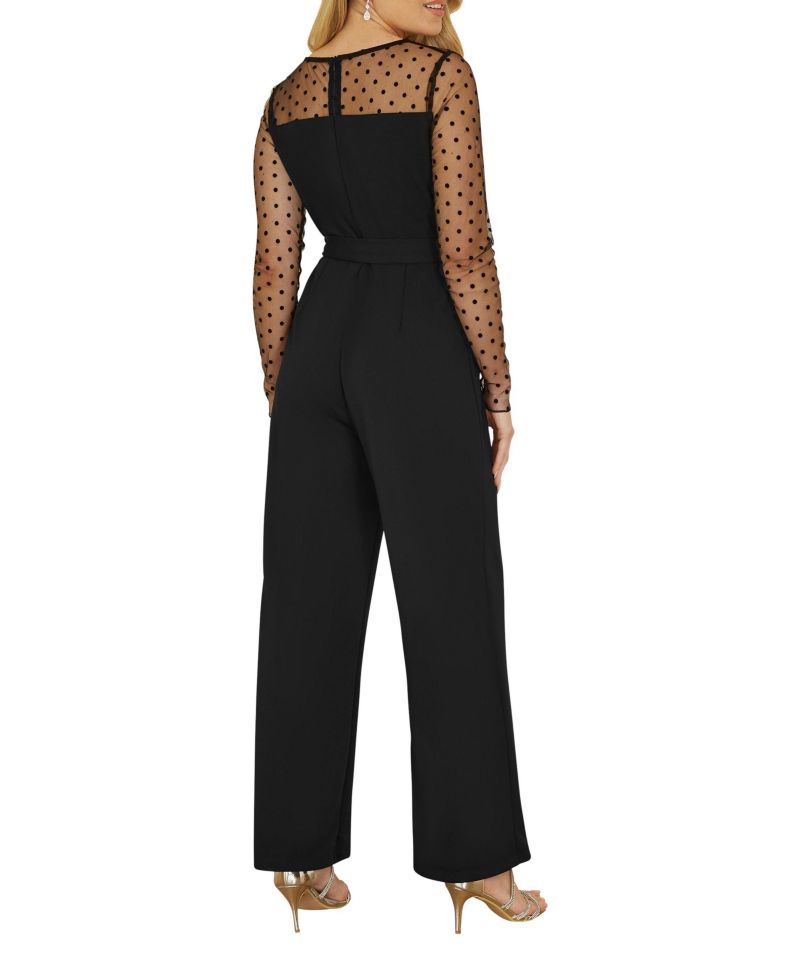 Women's Black Spot Mesh Stretch Jumpsuit