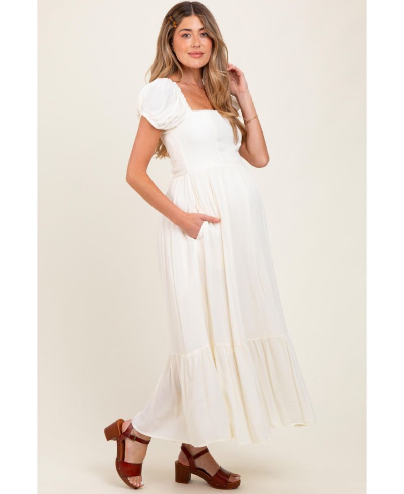 Women's Ivory Ruffle Detail Square Neck Maxi Dress
