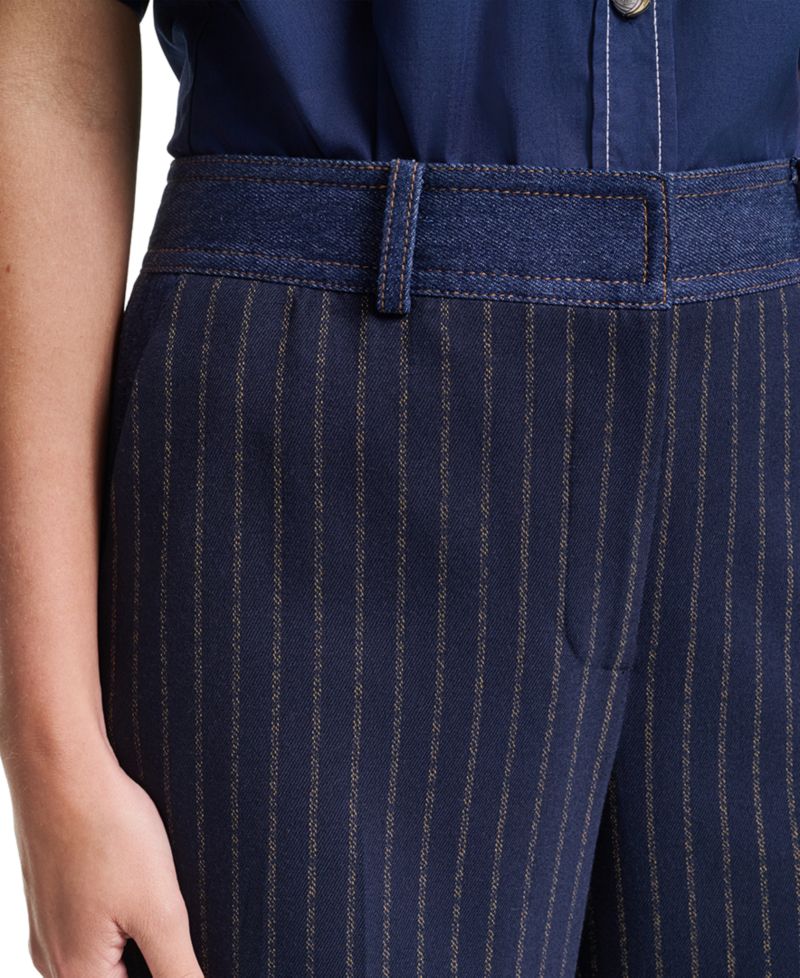 Petite Striped Straight-Leg Denim Waistband Pants