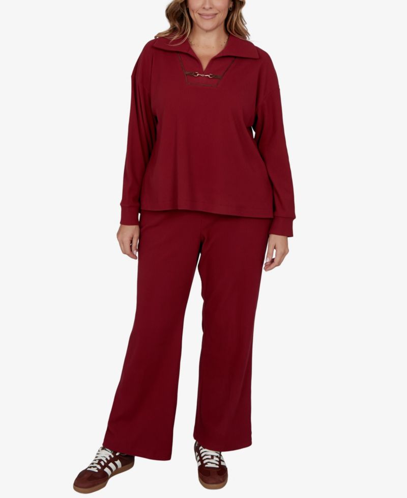 Plus Size Collared Long-Sleeve Ribbed Top
