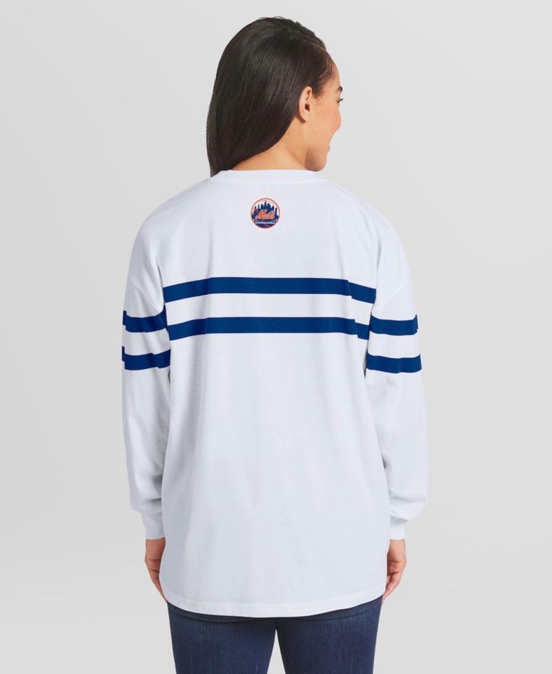 Women's White New York Mets Oversized Long Sleeve Striped T-Shirt