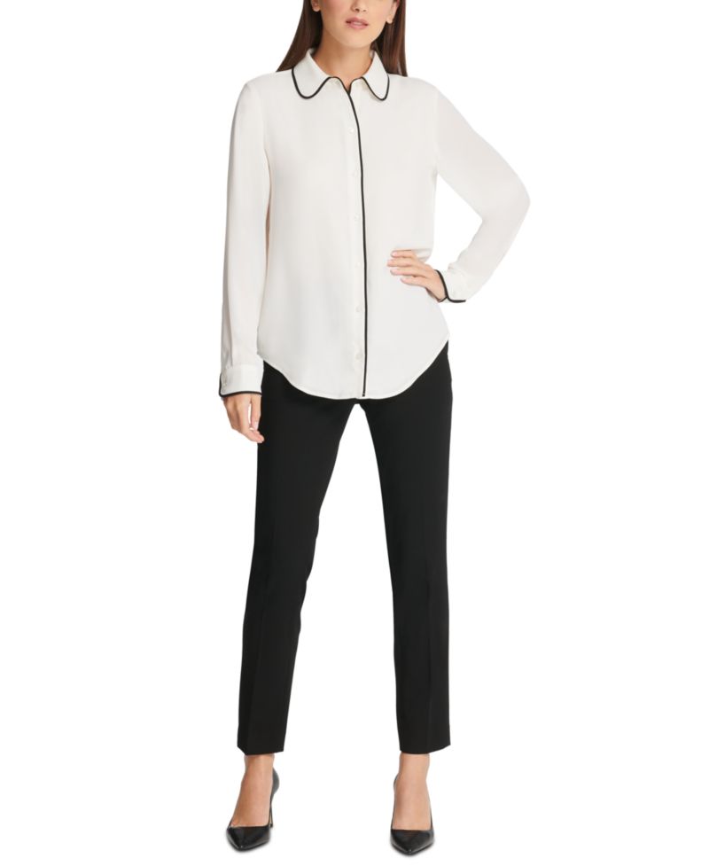Petite Piped-Trim Button-Up Blouse
