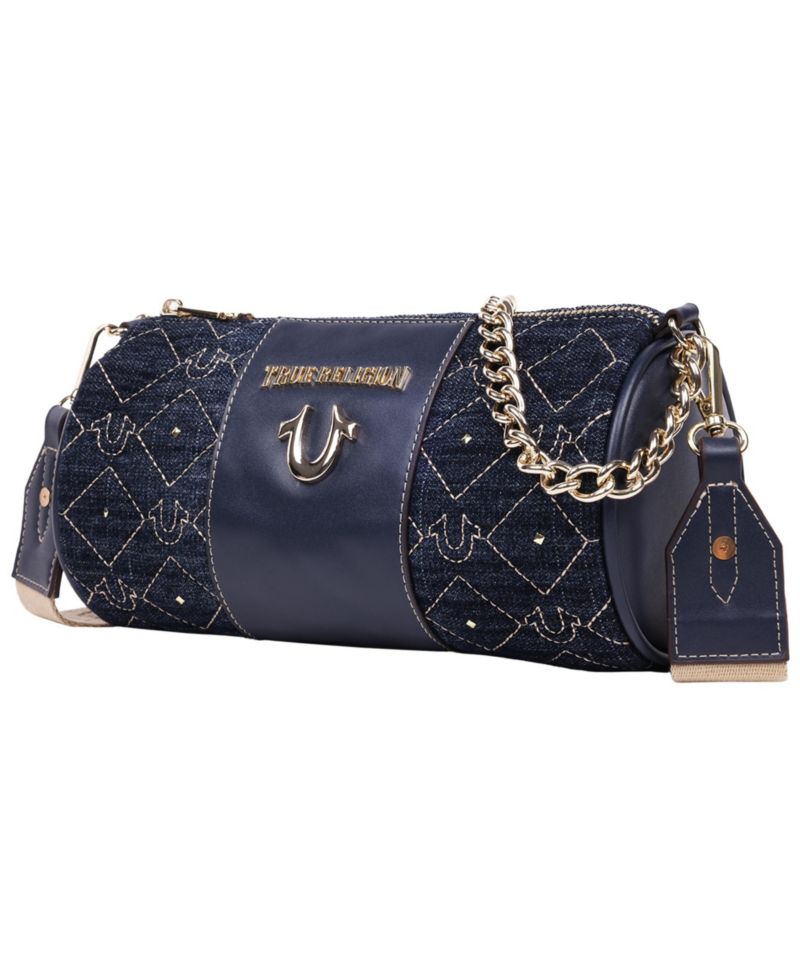 Studded Denim Zip Top Barrel Bag