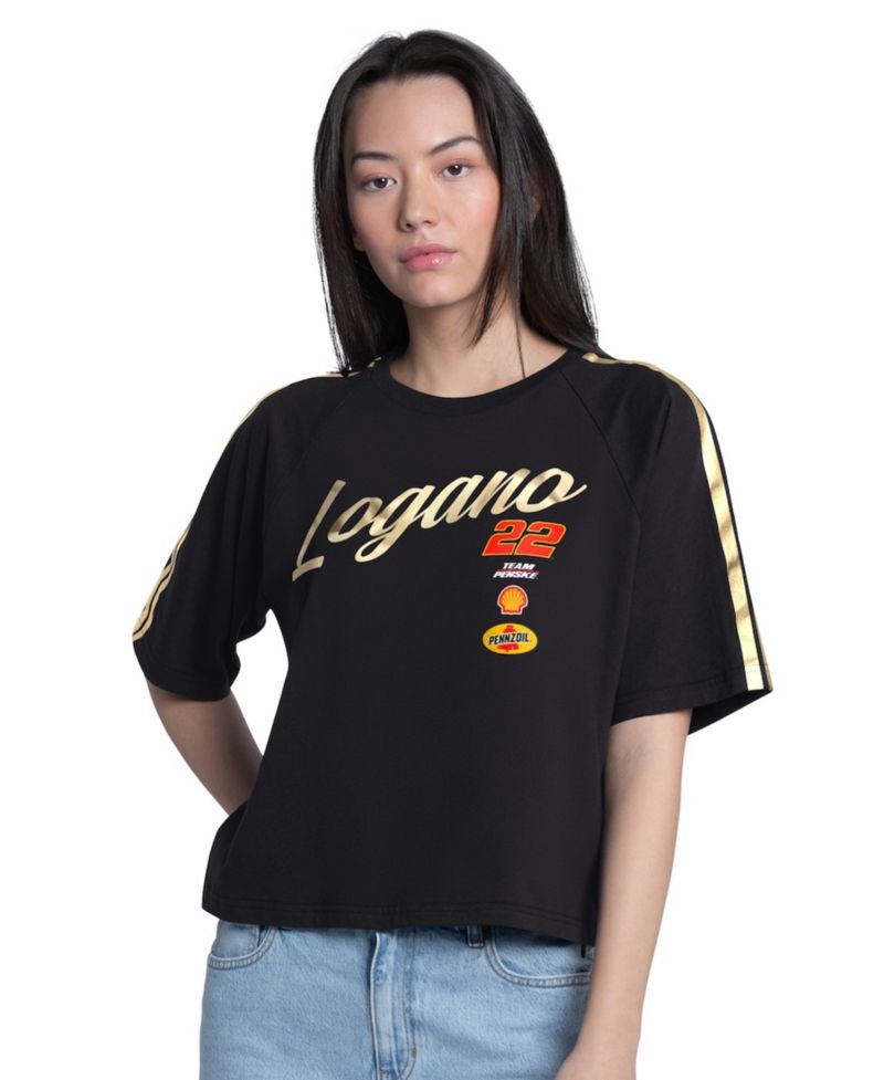 Women's Black Joey Logano Cropped Classic Play Gold Trim Raglan T-Shirt
