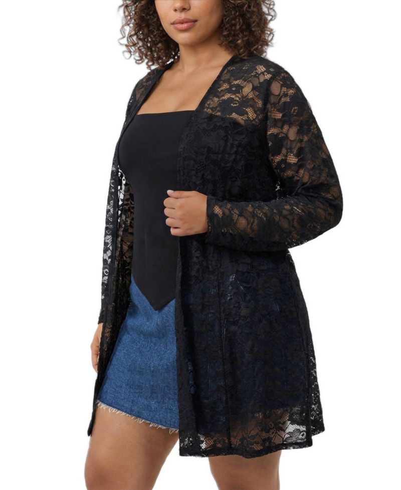 Plus Size Lace Fit and Flare Kimono Sheer Open-Front Jacket