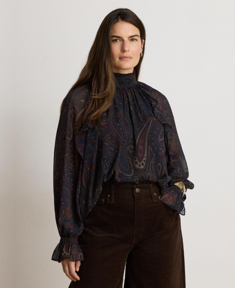 Women's Long-Sleeve Paisley-Print Mockneck Blouse