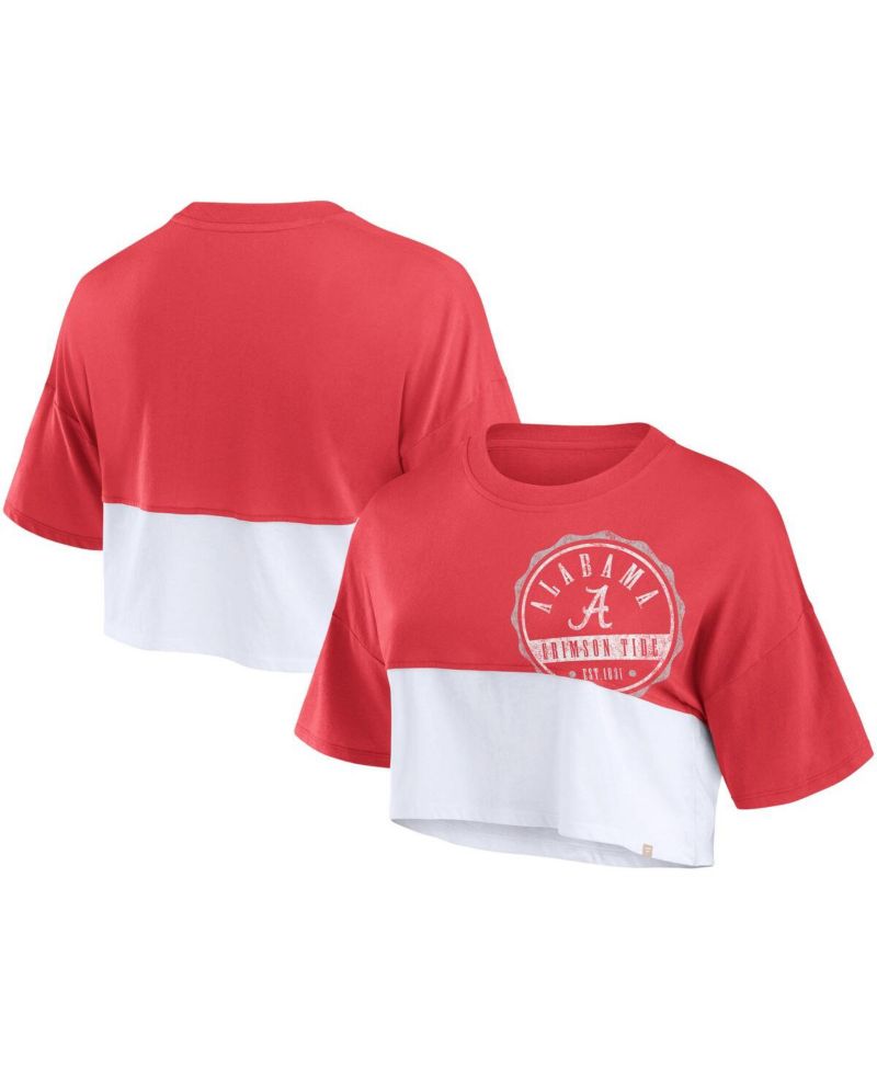 Women's Crimson/White Alabama Crimson Tide Oversized Badge Color block Cropped T-Shirt