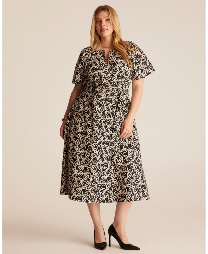 Women's Noirette Cotton Print Belted Midi Dress