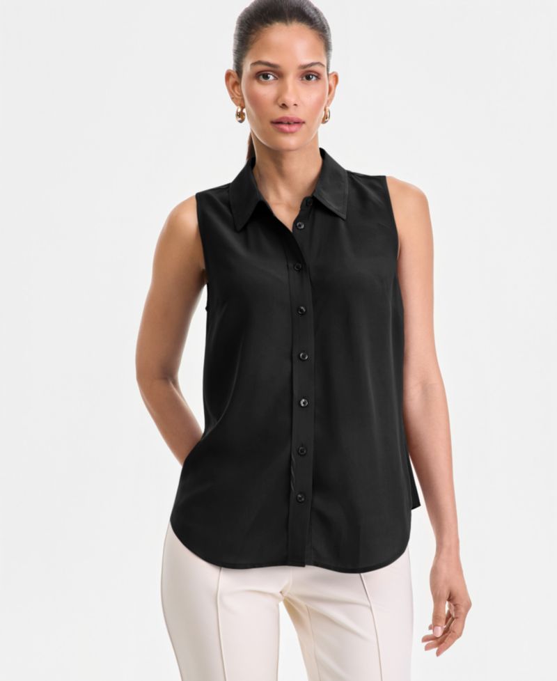 Women's Sleeveless Collared Button-Up Blouse