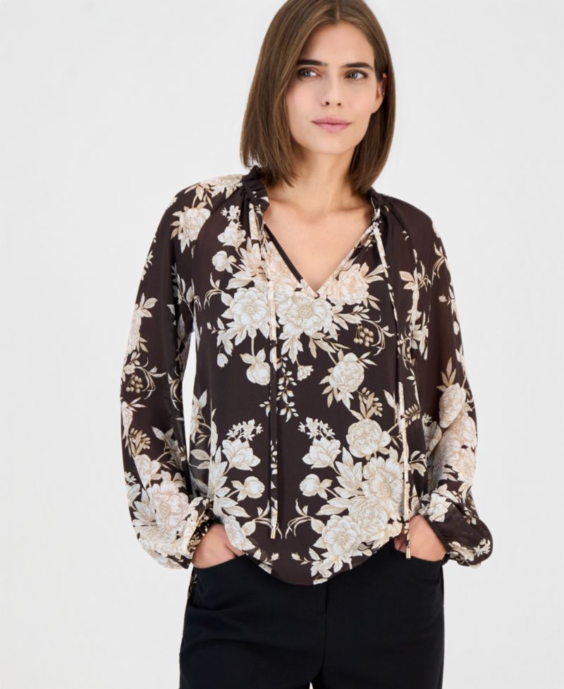 Women's Bow-Tie Neck Long-Sleeve Floral Blouse