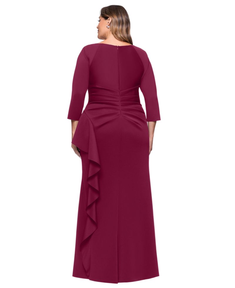 Plus V-Neck Ruffled Side-Slit Scuba Gown