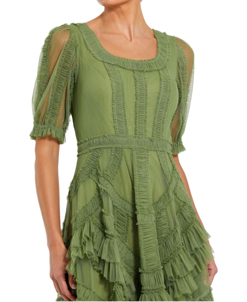 Women's Ruffle Scoop Neck Short-Sleeve Midi Dress
