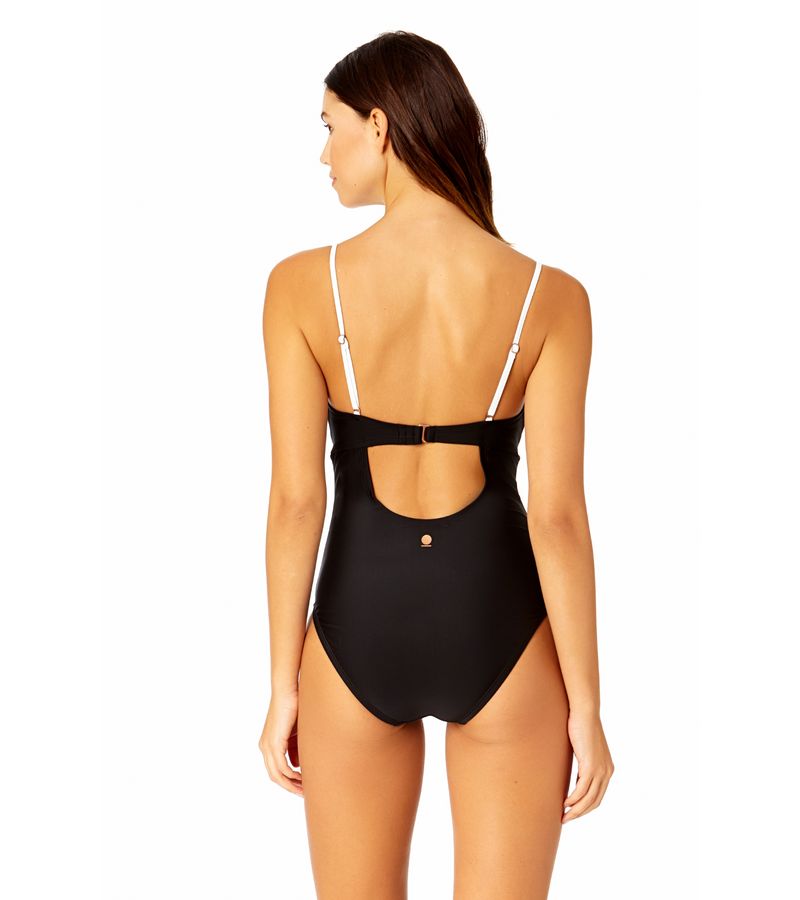 Women's Solid Piped Keyhole One Piece Swimsuit