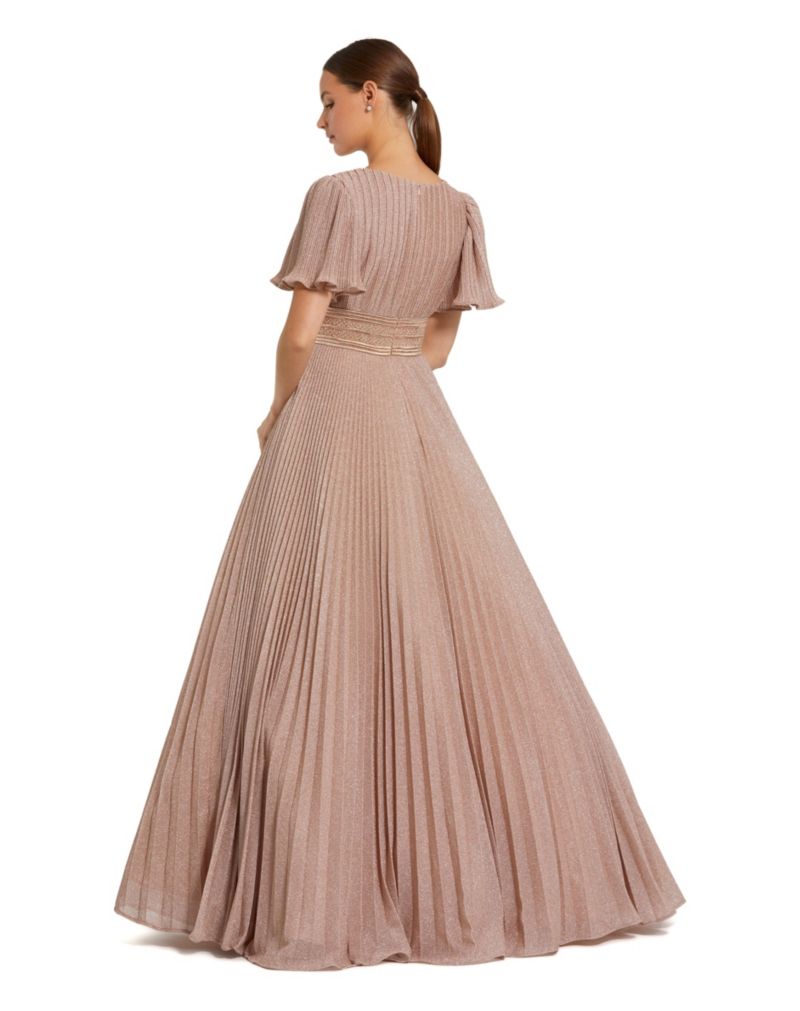 Women's Pleated Shimmering Georgette Flutter Sleeve Gown