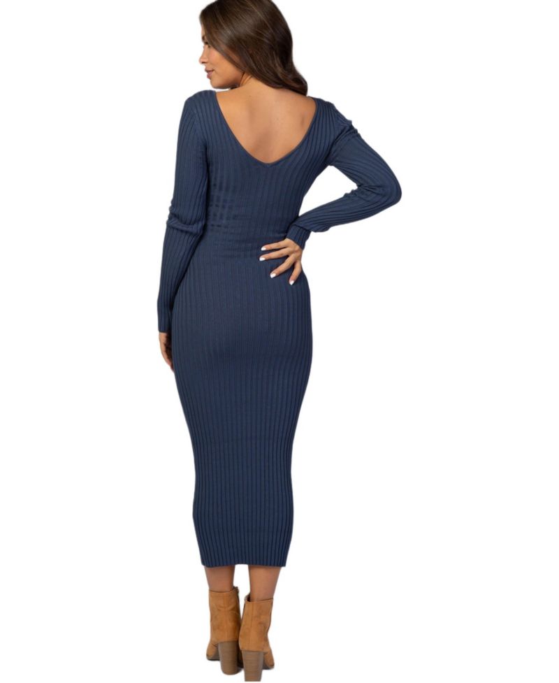 Women's Dark Red V-Neck Long Sleeve Fitted Maxi Dress