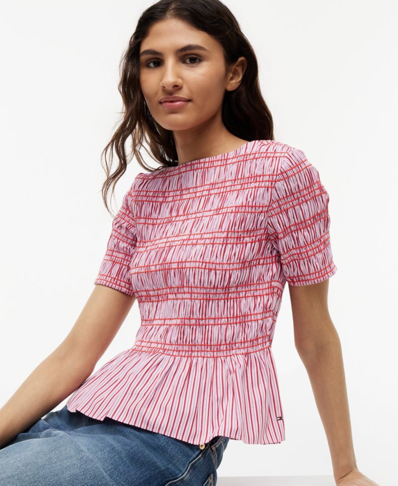 Women's Smocking Striped Boat Neck Cotton Top
