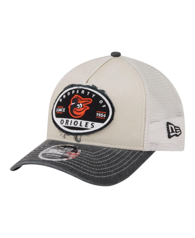 Men's Light Beige/Black Baltimore Orioles Frayed M-Crown A-Frame 9FORTY Trucker Adjustable Hat