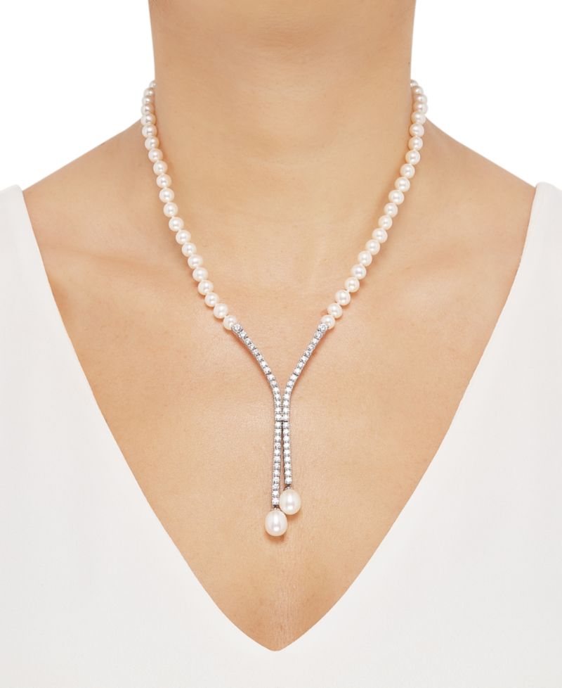 Cultured Freshwater Pearl (5mm & 10 x 8mm) & Cubic Zirconia Lariat Necklace in Sterling Silver