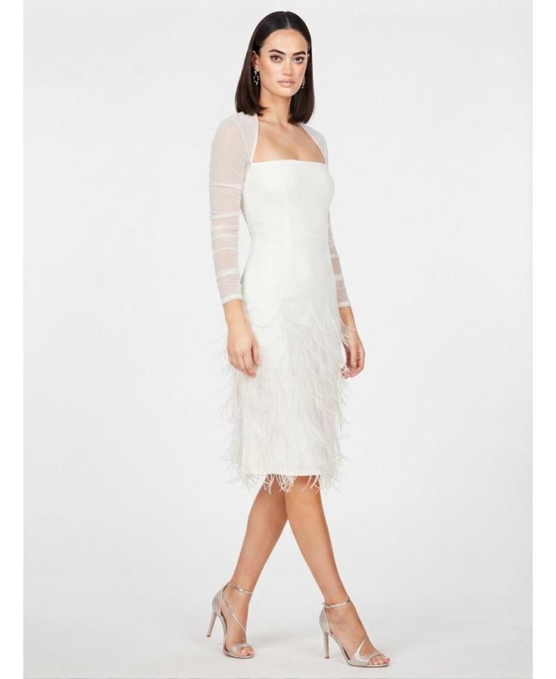 Women's Long Sleeve Bridal Midi Gown with Feathers