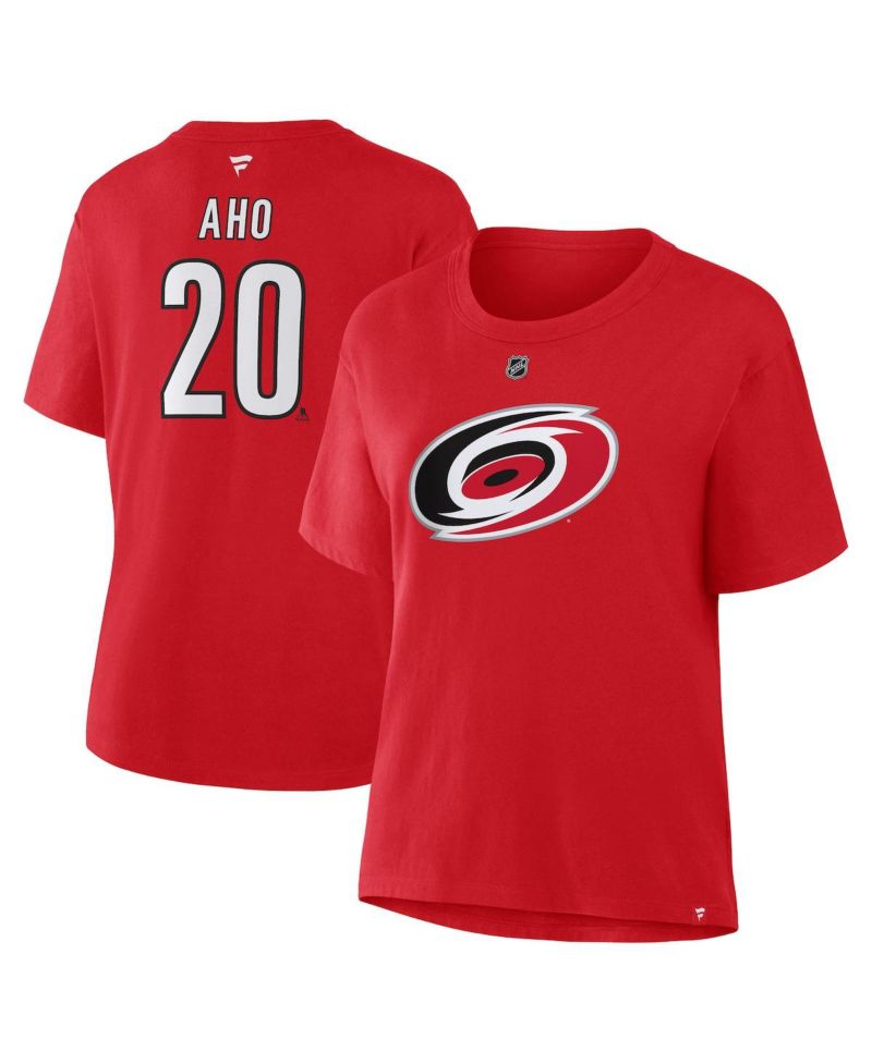 Women's Sebastian Aho Red Carolina Hurricanes Authentic Stack Name & Number T-Shirt