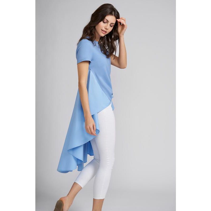 Women's Piper High Low Short Sleeve Top with Cotton Knit Cropped Bodice and Polished Cotton Long Peplum