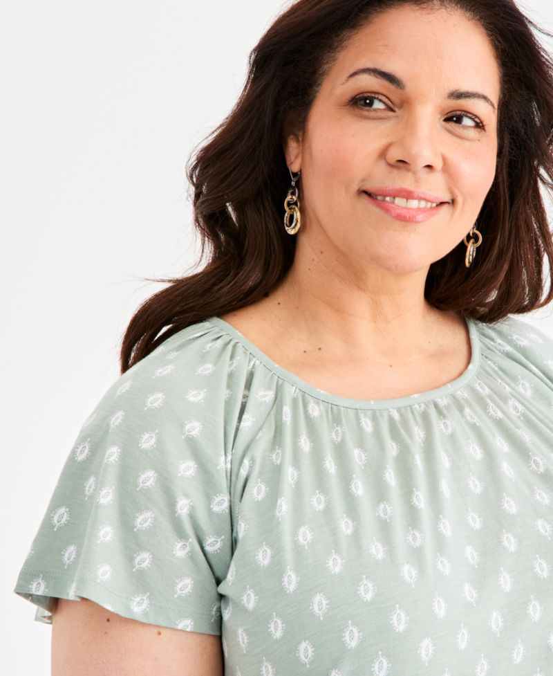 Plus Size Printed Scoop-Neck Flutter-Sleeve Top