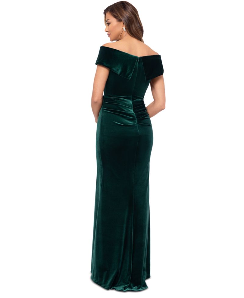 Petite Ruffled Off-The-Shoulder Velvet Gown