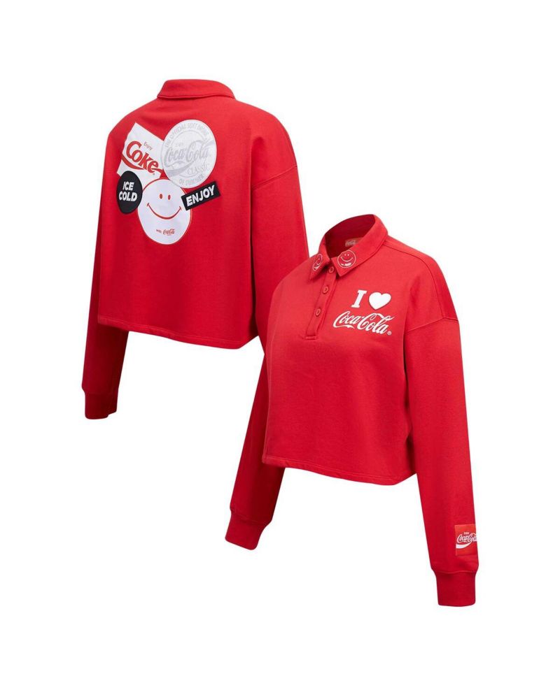 Women's Red Coca-Cola Ice Cold Long Sleeve Cropped Polo Shirt