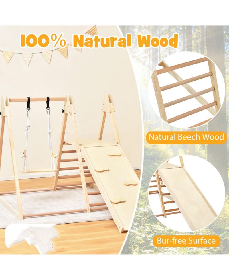 Kids 5-in-1 Indoor Playground w/ Slide Climbing Rock Adjustable Swing Wooden