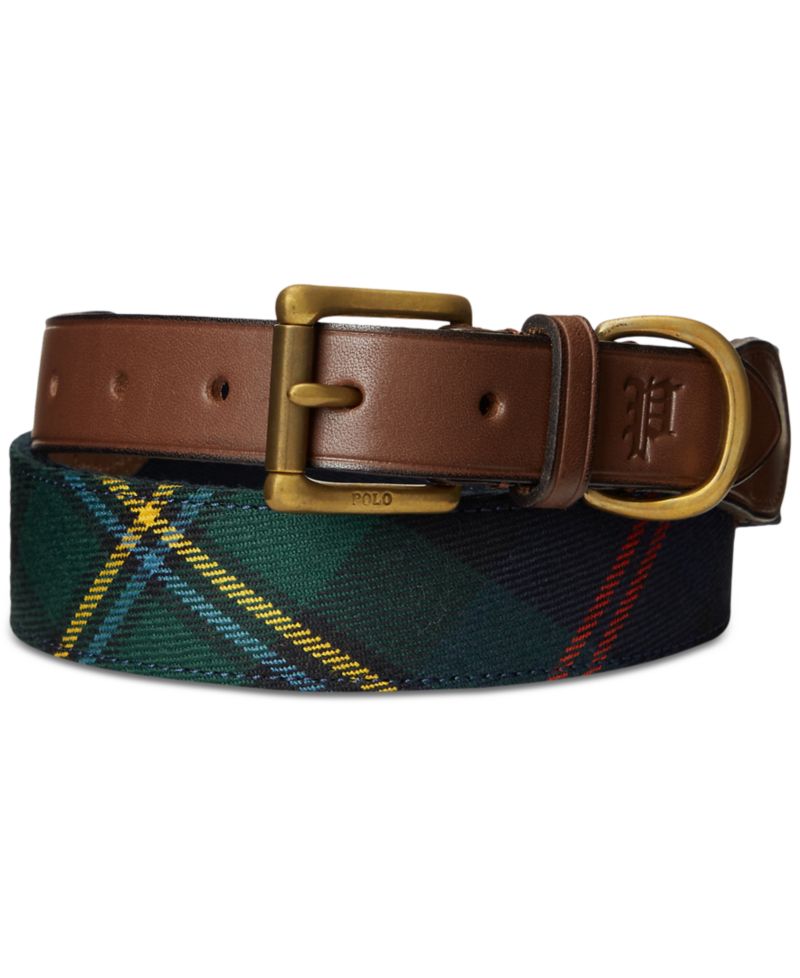 Men's Leather-Trim Plaid Belt