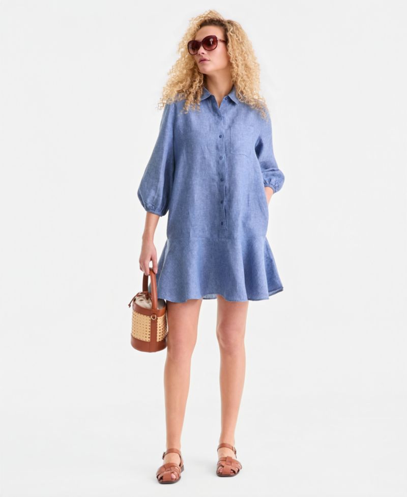 Plus Size 100% Linen Collared Flounce Dress