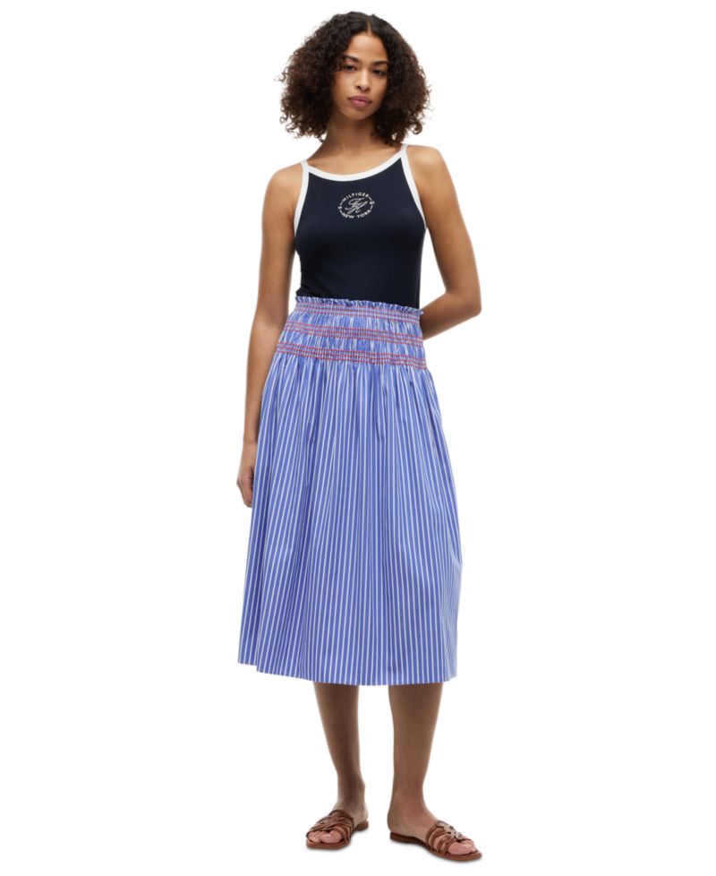 Women's Cotton Smocked Striped Midi Skirt