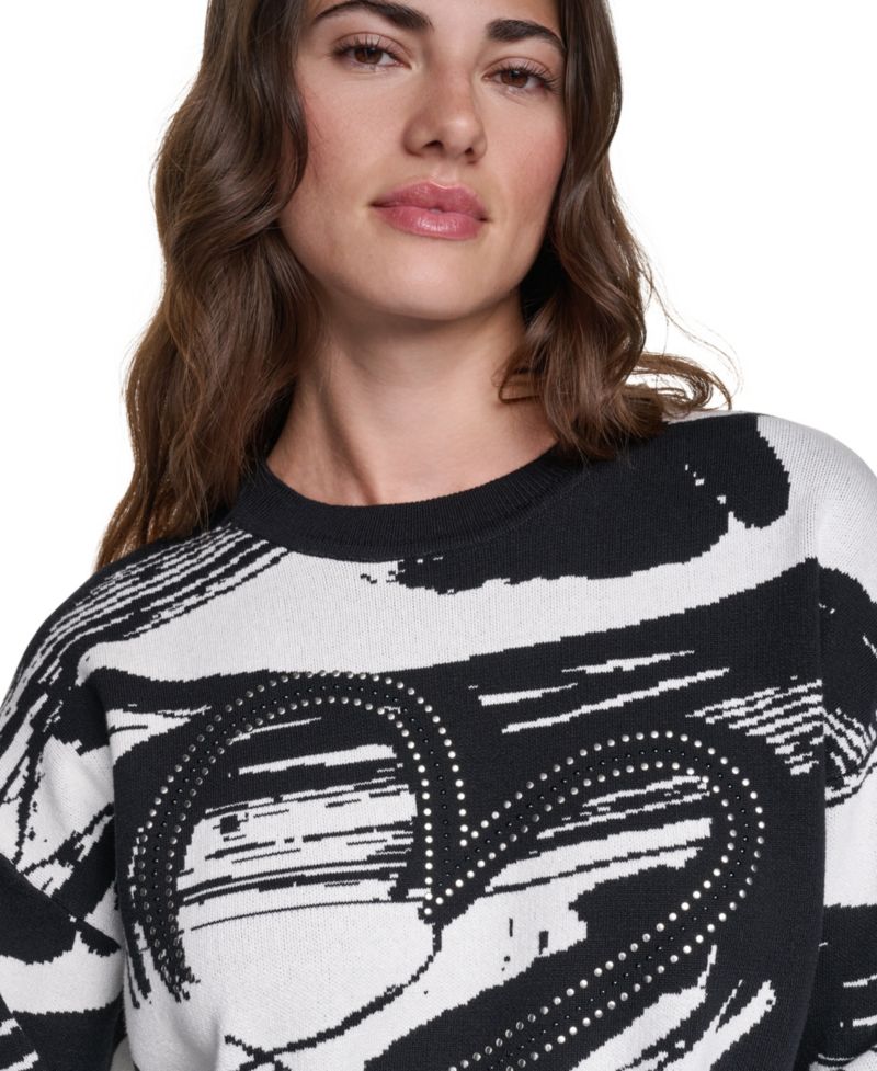 Women's Studded Heart Brush Stroke Crewneck Long-Sleeve Sweater